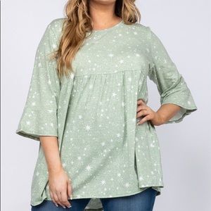 New Women’s Plus Size 1X 3X Sage Green Babydoll Style Top White Star Print